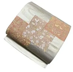 ユ152袋帯 六通柄 金糸　唐草花 鹿　流水 正絹 着物帯　仕立て上り