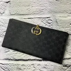 美品✨グッチ インターロッキングG マイクロGG柄 ナイロン レザー 黒 長財布