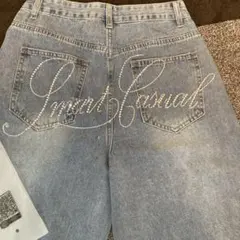 Smart Casual ラインストーン　ワイドレッグデニムライトブルー