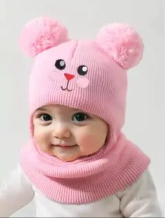 クマ耳デザイン ニット帽 ピンク　ベビー帽子