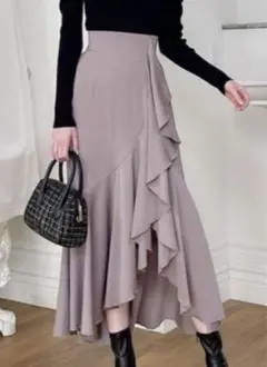 【GRL 】　アシンメトリーフリルロングスカート✳︎ベージュカラー