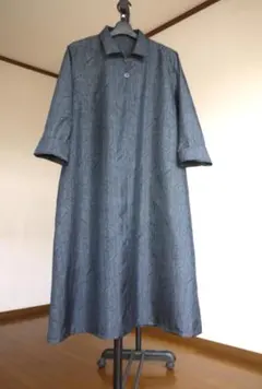 幾何学柄大島紬　シャツカラー　チュニックワンピース＋ウエストリボン　着物リメイク