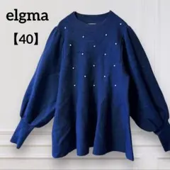 パール付きニット ネイビー バルーンスリーブ M相当　ペプラム風　elgma
