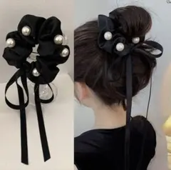 パール付き黒リボンヘアアクセサリー 韓国