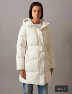 かホワイト ベルト付きダウンジャケット