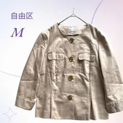 自由区／リネン混 ノーカラージャケット 七分袖 ベージュ 38 Mサイズ