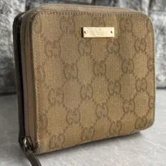 【激レア 美品】グッチ 二つ折り財布 GGキャンバス ロゴプレート ゴールド系