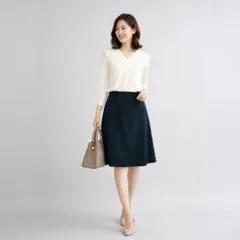Reflect フレアスカート【きれいめ】ひざ丈 L ネイビー 日本製 オフィス