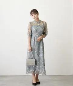刺繍　レース　ワンピース　ドレス　水色　ブルー　ロング　タイト　結婚式
