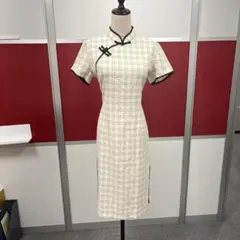 チェック柄 チャイナドレス 半袖 ベージュ