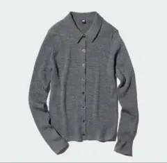 【美品】ユニクロ　エクストラファインメリノリブポロカーディガン(L)