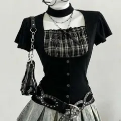 Shein FRIFUL チェック柄切替 バブル袖 トップス ブラック M