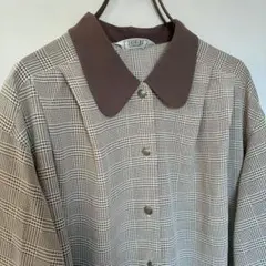ビンテージ 日本製 丸襟ブラウス グレンチェックシャツ XL 茶色 プラスサイズ