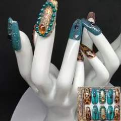 レオパードヒョウ柄グリーンフラッシュマグネットゴールドラメ 14358現品販売