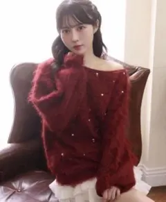 NICE CLAUP ビジューシャギーニット　赤