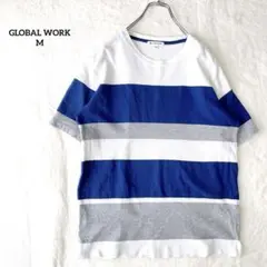 グローバルワーク　Tシャツ　半袖　3色ボーダー　クルーネック　白青グレーMのサムネイル