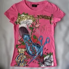 Christian Audigier 半袖Tシャツ ピンク S ラインストーンのサムネイル