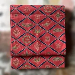 赤い名古屋帯 紅型調　松　梅　鳥　全通　正絹　即日発送します