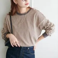 DISCOAT / ディスコート　ボーダー　ビッグロンT　ベージュ×チャコールのサムネイル
