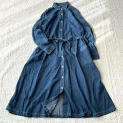 ユニクロ デニムシャツワンピ ロング ベルト付き ブルー M きれいめ