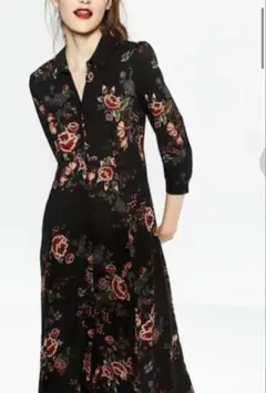 ZARA ザラ　花柄 シャツワンピース　ロングワンピース　黒　七分袖　洗える