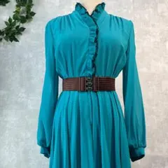 青緑 ドット柄 フリル クラシカル 昭和レトロ ワンピース 古着 長袖