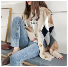 ニットカーディガン Ｖネック アーガイル柄 フリーサイズ　ゆったり