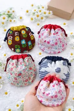 花柄・チェック柄 巾着袋 4点セット