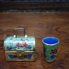 お値下げ◆コップ入りバスケットのピクニックセット ◆金属製◆ミニチュア飾り物