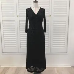 フォーマル ブラック ベロア総レース ロング 七分袖 ワンピース