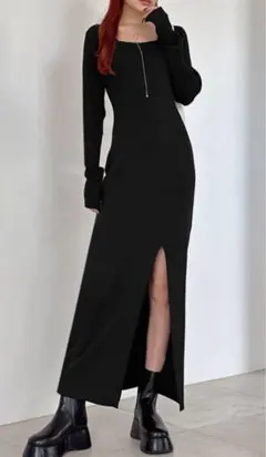 GRL スクエアネックスリットリブニットロングワンピース[k9273d]