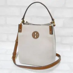 トリーバーチ BLAKE キャンバス バケット ショルダーバッグ ナチュラルx茶