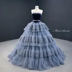 カラー ドレス ロングドレス プリンセスドレス ブルー チュール 結婚式 発表会