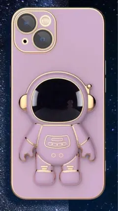 iPhone14proケーススマホ　宇宙飛行士スタンド付き韓国かわいいパープル