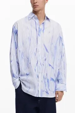 【デシグアル Desigual】メンズ アブストラクト ストライプ柄シャツ 白青のサムネイル