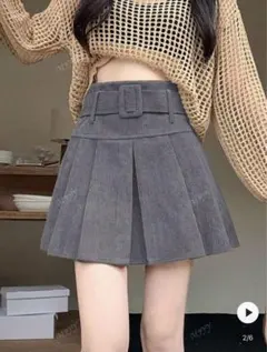【SHEIN】グレー コーデュロイ プリーツスカート ベルト付き