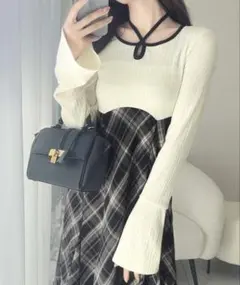 チョーカー使い配色パイピングカットソードッキングチェックワンピース
