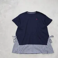 A4-3178　チュニック　半袖　切り替えチェック　ポイント刺繍　シンプル　3L