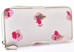 美品 COACH コーチ 長財布 ホワイト 白 レザー ピンク イチョウ 落ち葉 