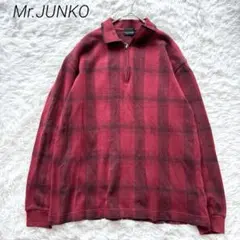 ミスタージュンコ ハーフジップ ポロシャツ チェック 綿100% L 赤 黒