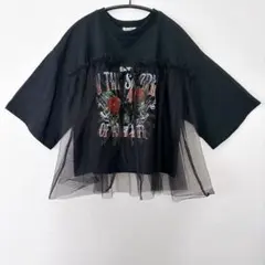 チュール重ねTシャツ 花柄プリント 黒 レイヤード 半袖 M フリル