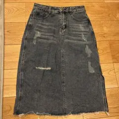 【美品】ダメージ加工　ダークデニム　タイトスカート　デニムスカート　膝下