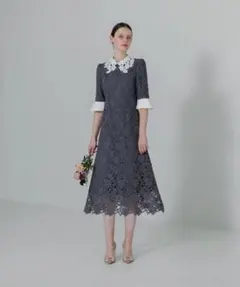 Leja 花柄レースカラースパンコール刺繍Aラインフレアドレスワンピース