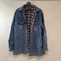 90s LANDS' END デニムシャツジャケット M 紺チェック