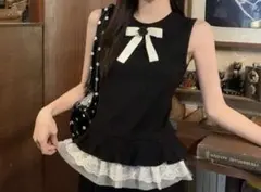 shein トップス　ノースリーブ ミニワンピース ブラック リボン レース