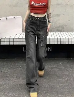 SHEIN レディースカーゴデニムパンツ　切りっぱなし