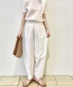 タグ付き未使用 ユニクロ リネンブレンドバレルレッグパンツ オフホワイト S 麻のサムネイル