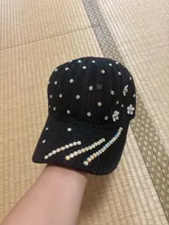 レディース キャップ ブラック ラインストーン＆フラワーモチーフ付き キャップ