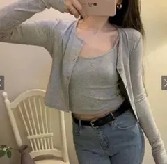 新品 GRL パッド入りキャミソール×カーディガンアンサンブル グレー