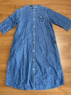 LOGOS DAYSロゴスデイズ ノーカラーデニムワンピース 7分袖 ブルー L